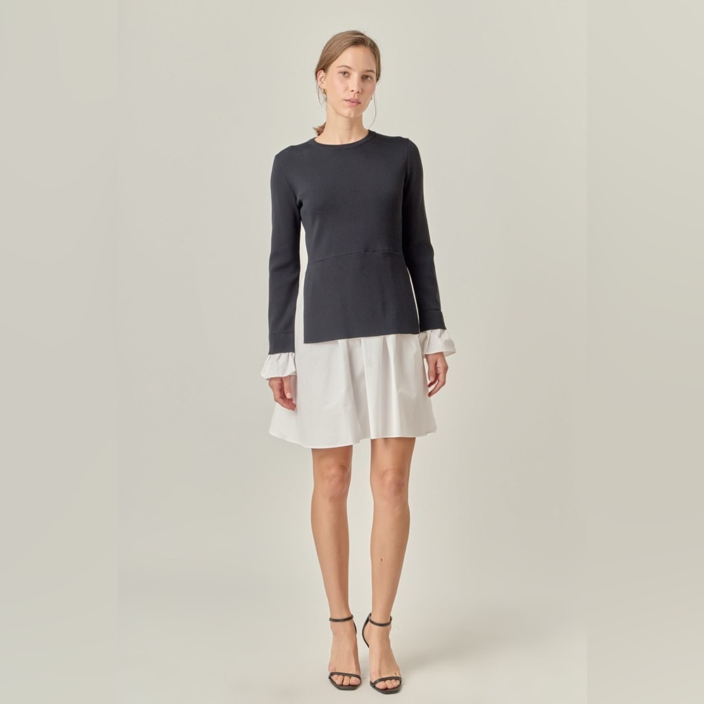 English Factory Black and White POPLIN‎ COMBO KNIT MINI DRESS Sz. M